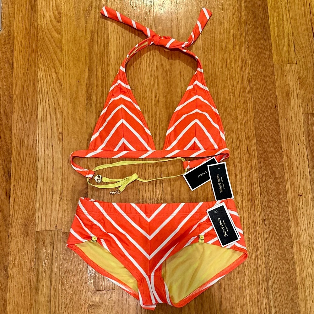 Juicy Couture orange and white stripe swimsuit bikini, size M